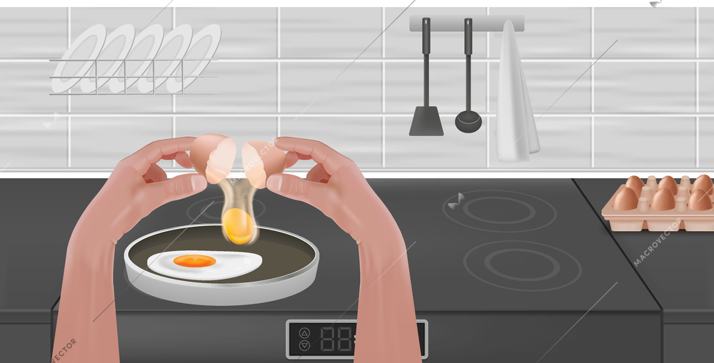 Eggs cook realistic composition morning cooking eggs in the kitchen in frying pan vector illustration