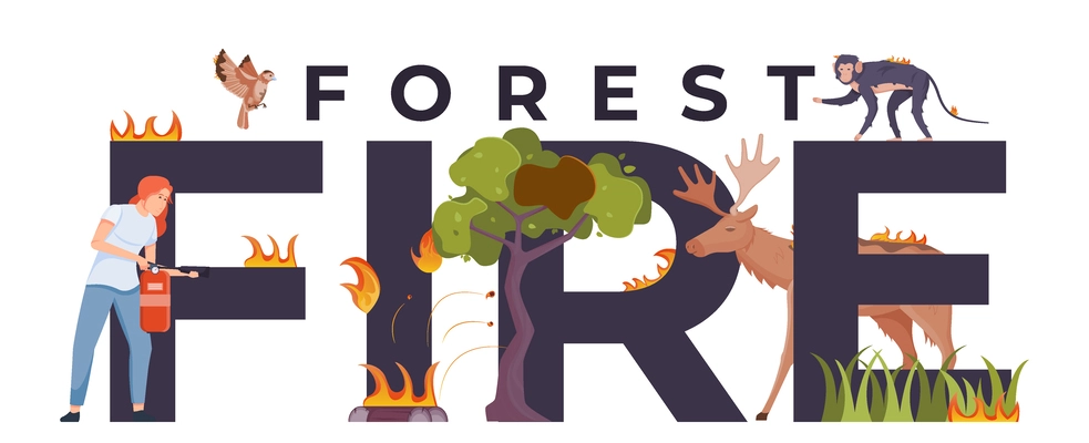 Forest fire flat text composition big black headline with fire elements and damaged wild animals vector illustration