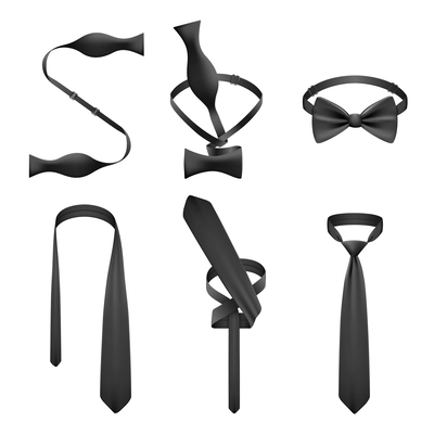 Realistic set with tips of tying black necktie and bow tie isolated vector illustration