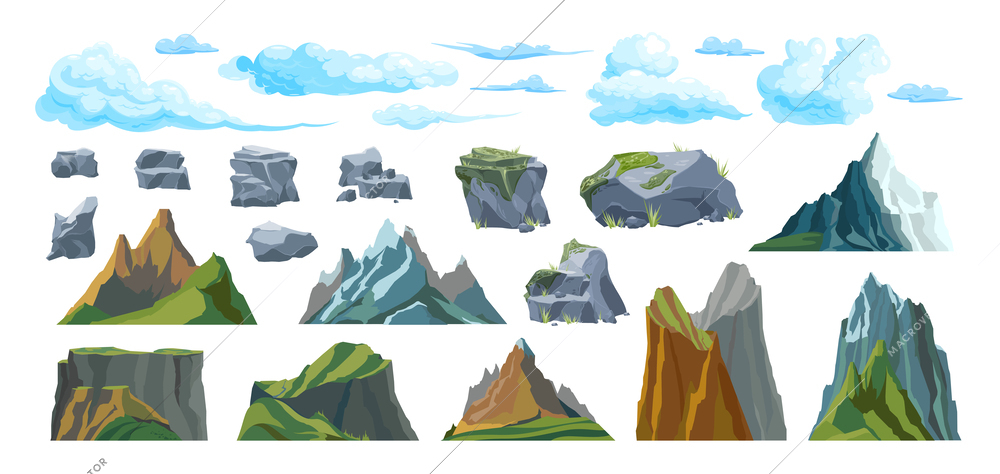 Flat set of isolated mountains clouds and stones of different size and shape vector illustration