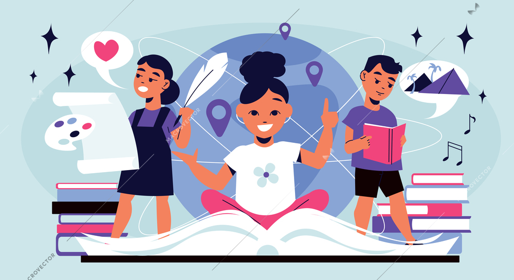 School subject concept with drawing literature and music symbols flat vector illustration