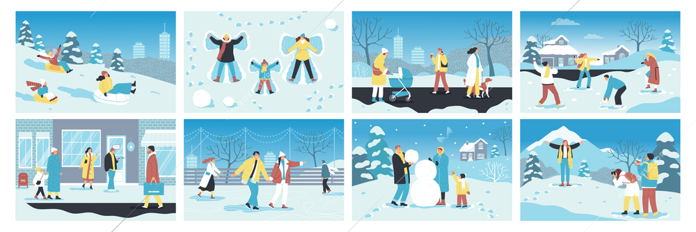 Winter holiday flat set with people in warm outwear having fun outdoors isolated vector illustration