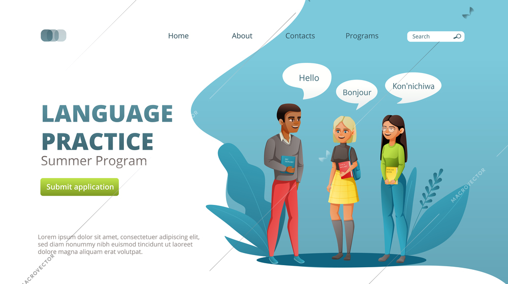 Global education student exchange cartoon web site landing page with clickable links and editable text buttons vector illustration