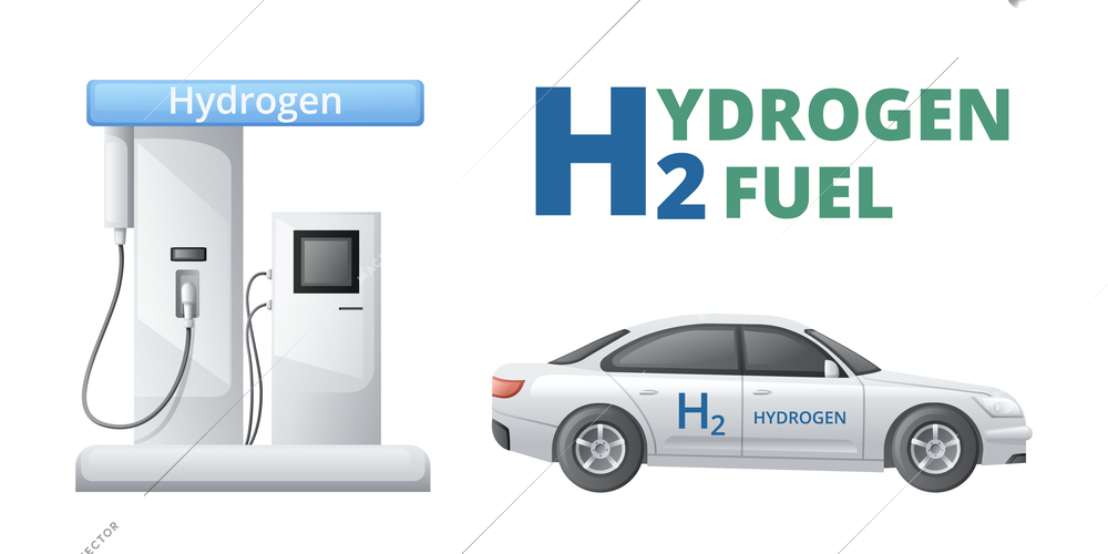 Green hydrogen energy fuel generation cartoon composition with isolated car fuel filling column and editable text vector illustration