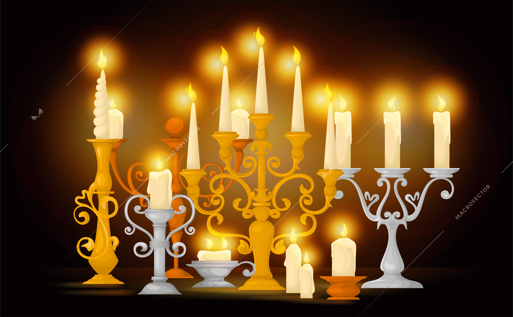 Retro candle holders composition with view of burning candles on retro stands of silver and gold vector illustration