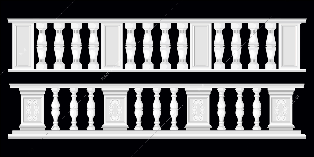 Balusters vase column set with two isolated views of stone fence classic design on black background vector illustration