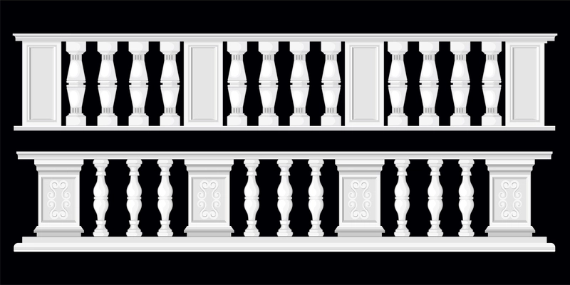 Balusters vase column set with two isolated views of stone fence classic design on black background vector illustration