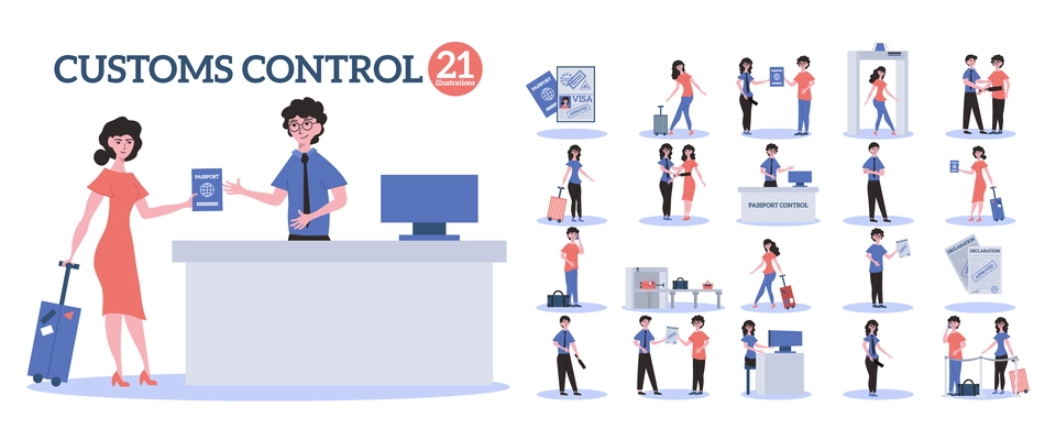 Customs control composition set with flat isolated characters of people passing security check with luggage documents vector illustration