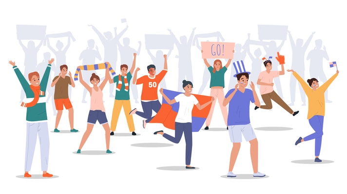 Crowd of cheering sport fans with flags posters scarves with people silhouettes in background flat composition vector illustration