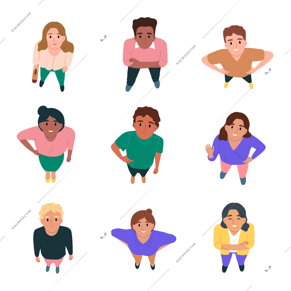 People top view flat set with happy men and women looking up isolated on white background vector illustration