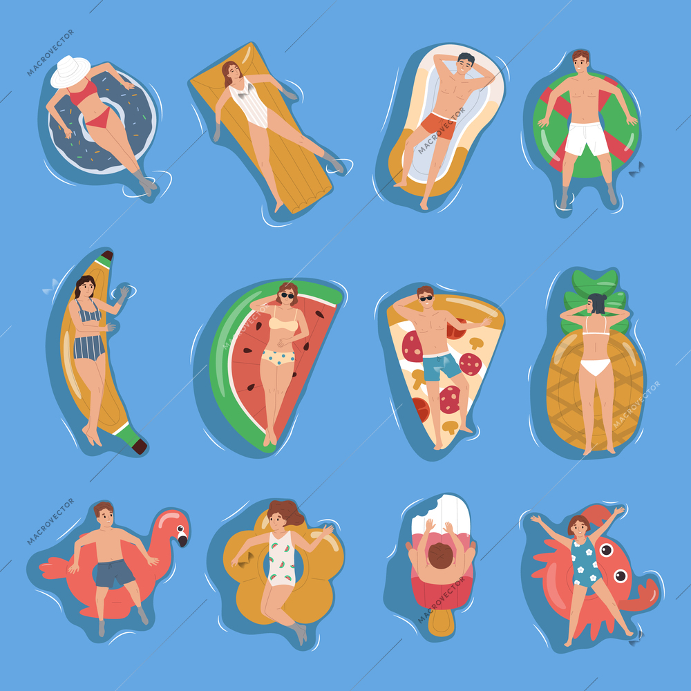 People floating on colorful inflatable toys of different shapes top view flat set on blue background isolated vector illustration
