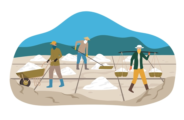 Workers wearing face protection collecting salt flat vector illustration