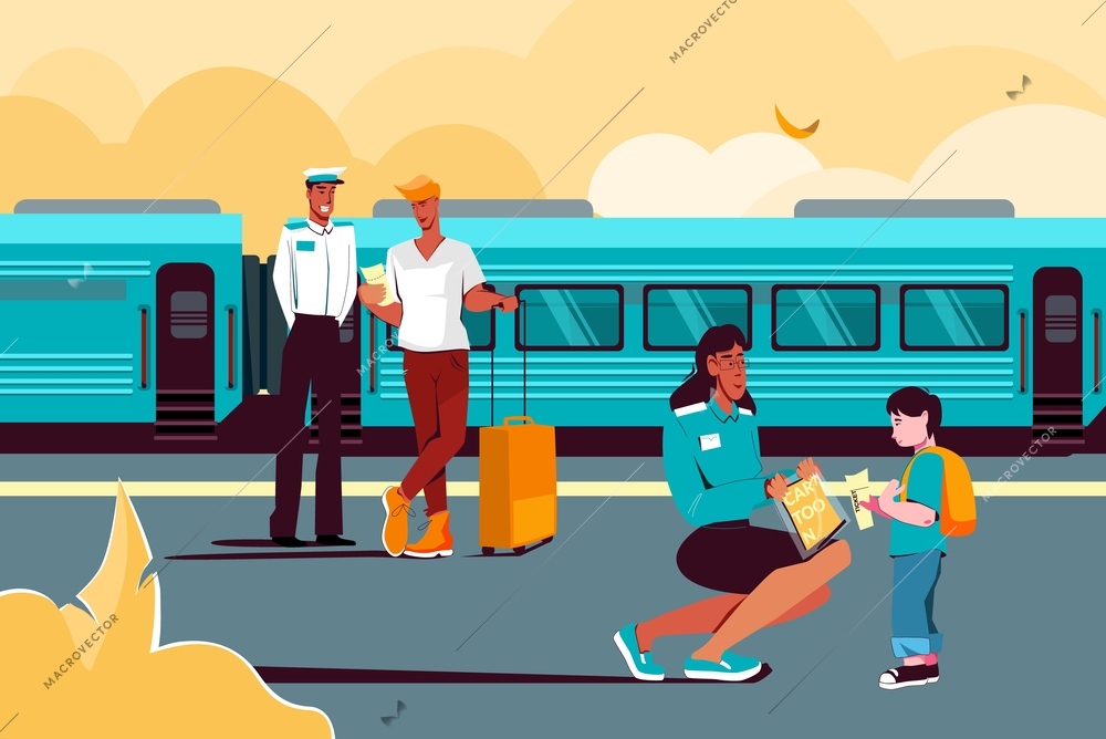 Public train flat background with passengers with suitcases waiting modern high speed train on platform vector illustration