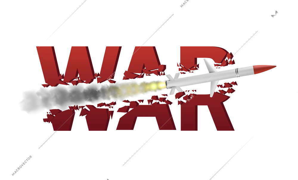 Realistic war concept with launched ballistic missile destroying red letters vector illustration