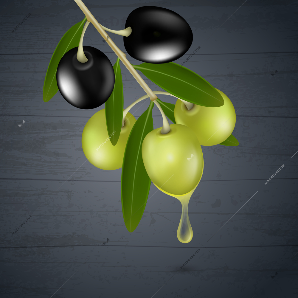 Realistic olive twig with drop of oil on wooden surface background vector illustration