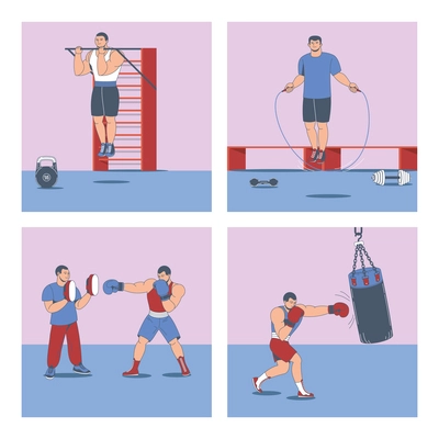 Set of four square boxing training cartoon compositions with views of athletes performing sport exercises sparring vector illustration