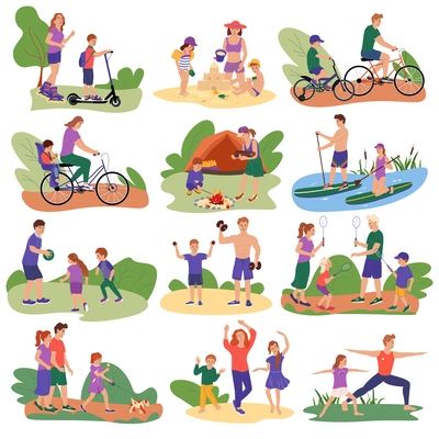 Family activities flat compositions  with people sporting on SUP boats rollers bikes scooters isolated vector illustration