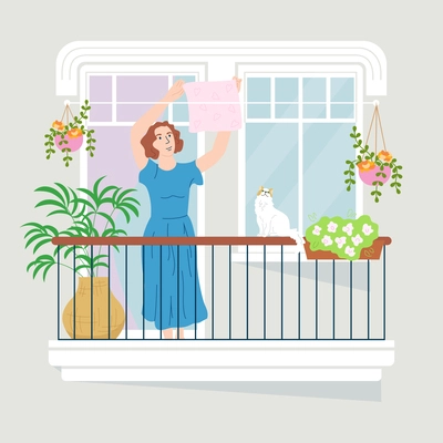 Pretty female person hanging laundry on balcony of city house flat background vector illustration