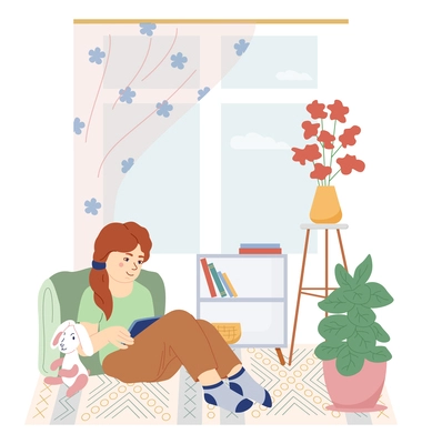 Childish daily routine flat composition with girl spending free time with pad sitting in home chair vector illustration