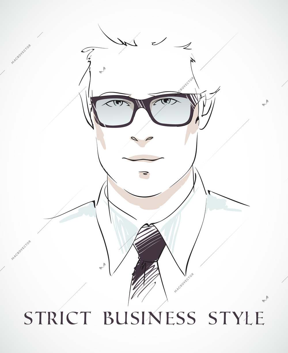 Strict business style. Fashion businessman portrait with glasses tie and shirt isolated vector illustration