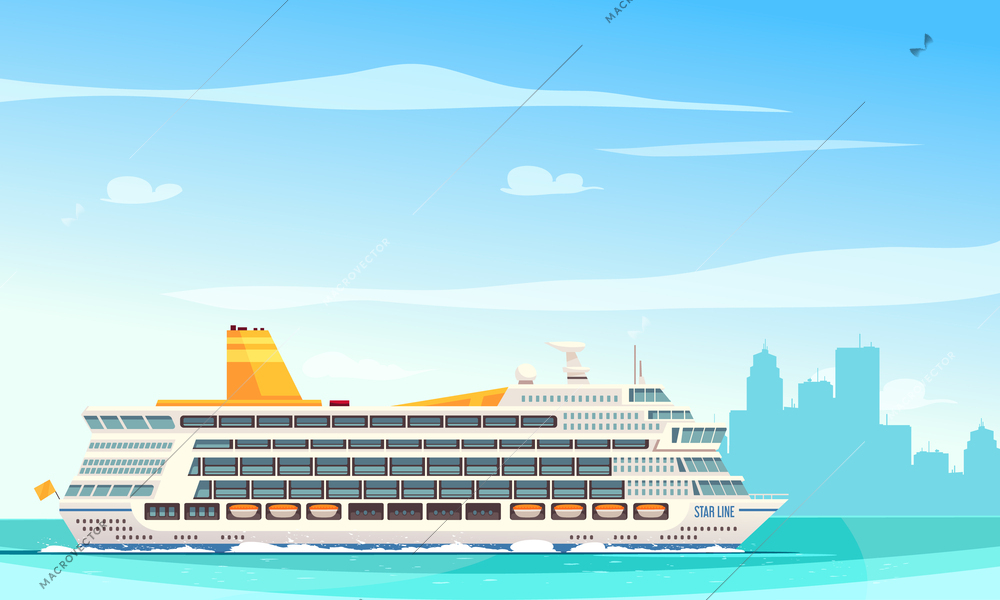 Cruise ships background with port and voyage symbols flat vector ilustration