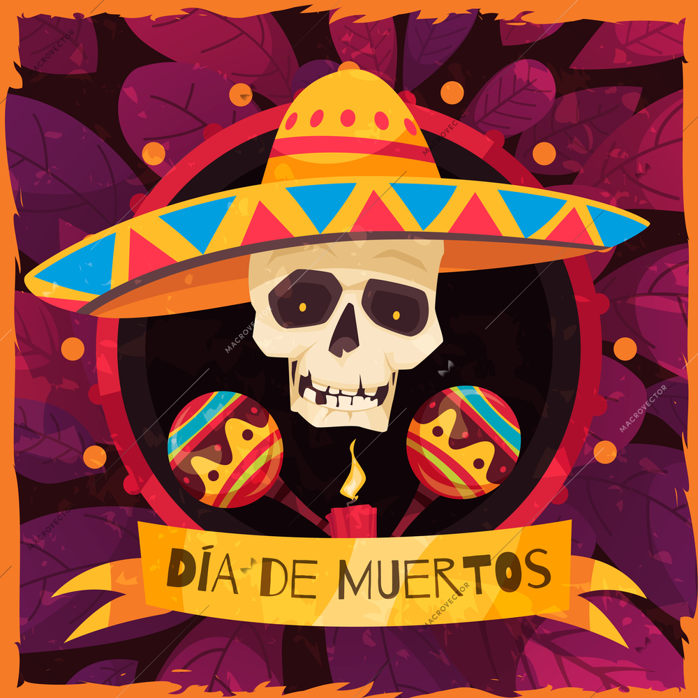 Mexico day of dead poster with sombrero and music symbols flat vector illustration