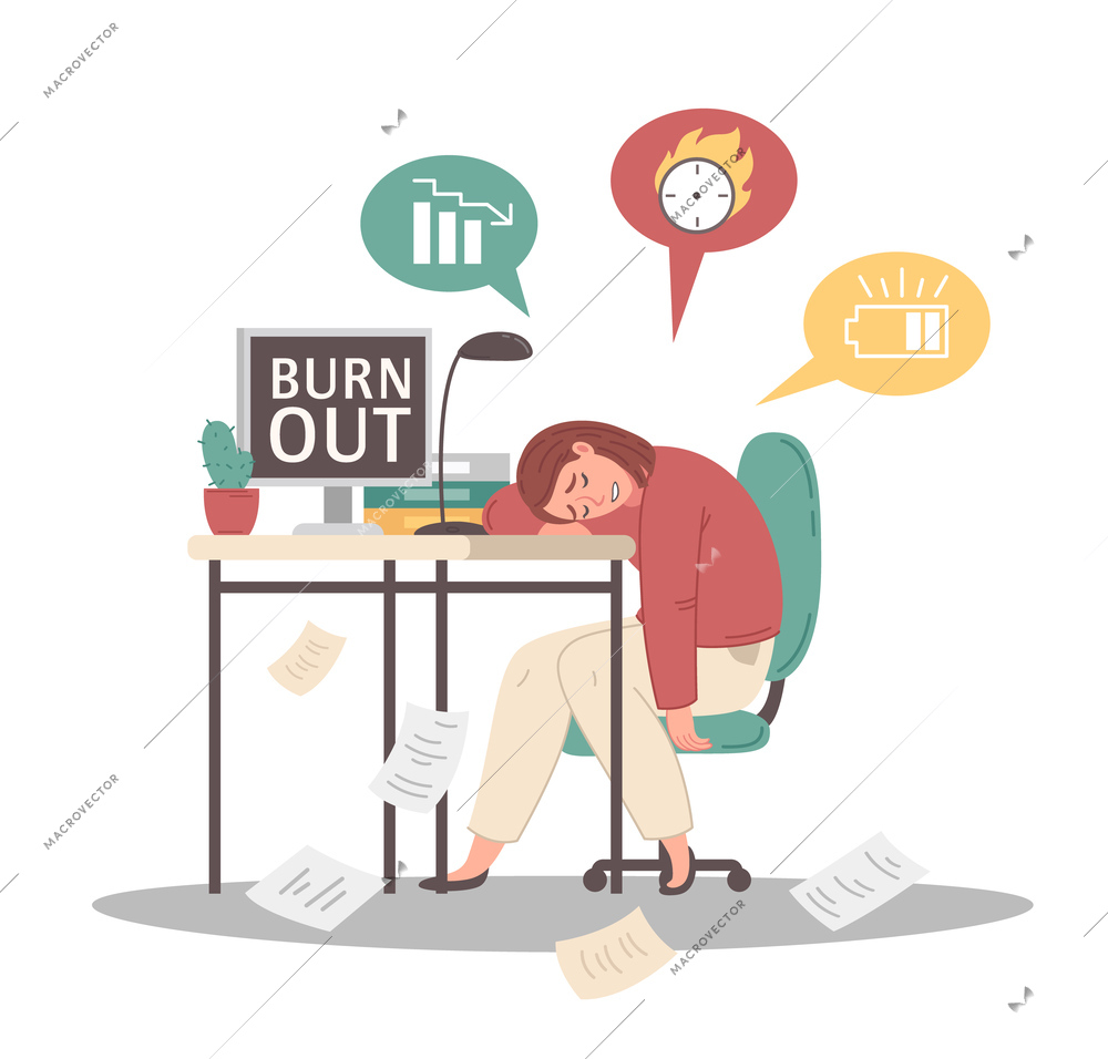 Female employee feeling professional burnout sleeping at her workplace cartoon vector illustration