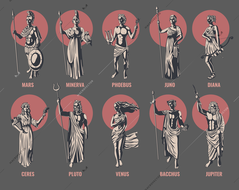 Greek olympian gods and goddesses flat set with venus mars minerva jupiter bacchus juno pluto isolated vector illustration