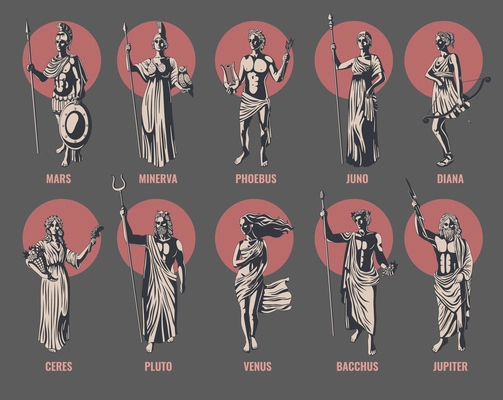 Greek olympian gods and goddesses flat set with venus mars minerva jupiter bacchus juno pluto isolated vector illustration