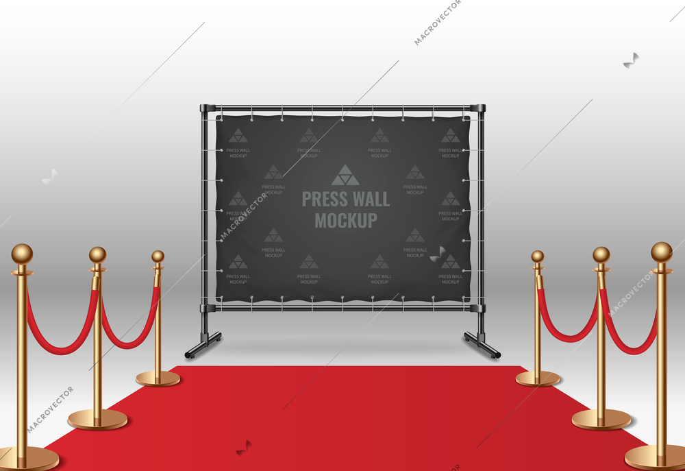 Realistic black press wall mockup near red carpet with golden pillars vector illustration