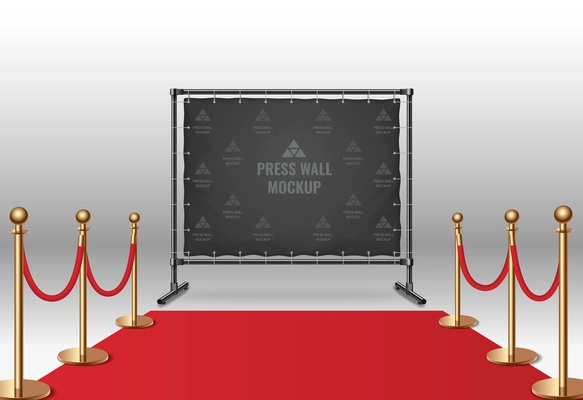 Realistic black press wall mockup near red carpet with golden pillars vector illustration