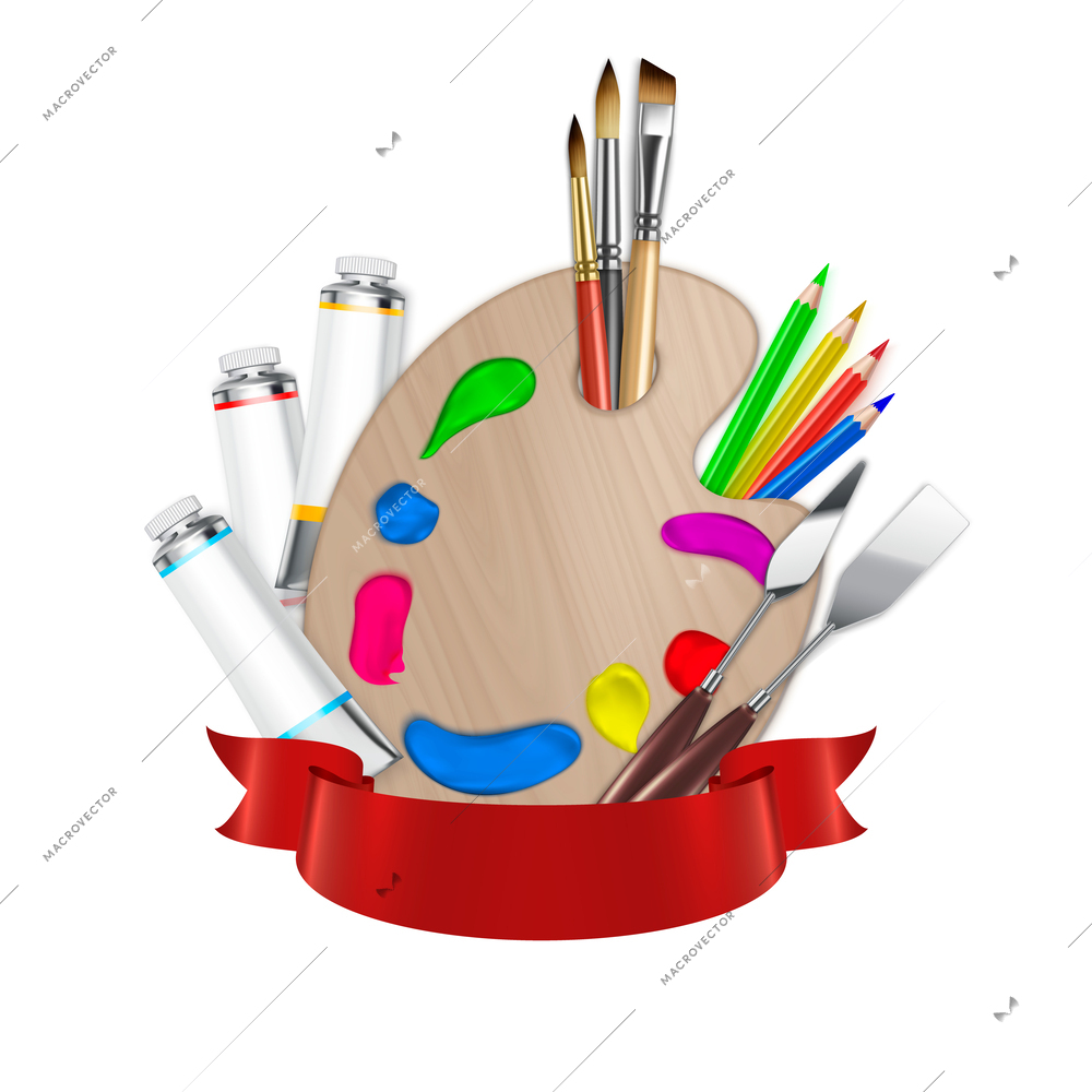 Artist tools realistic emblem with composition of red ribbon classic wooden palette brushes pencils and paint vector illustration
