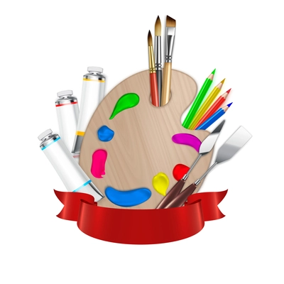 Artist tools realistic emblem with composition of red ribbon classic wooden palette brushes pencils and paint vector illustration