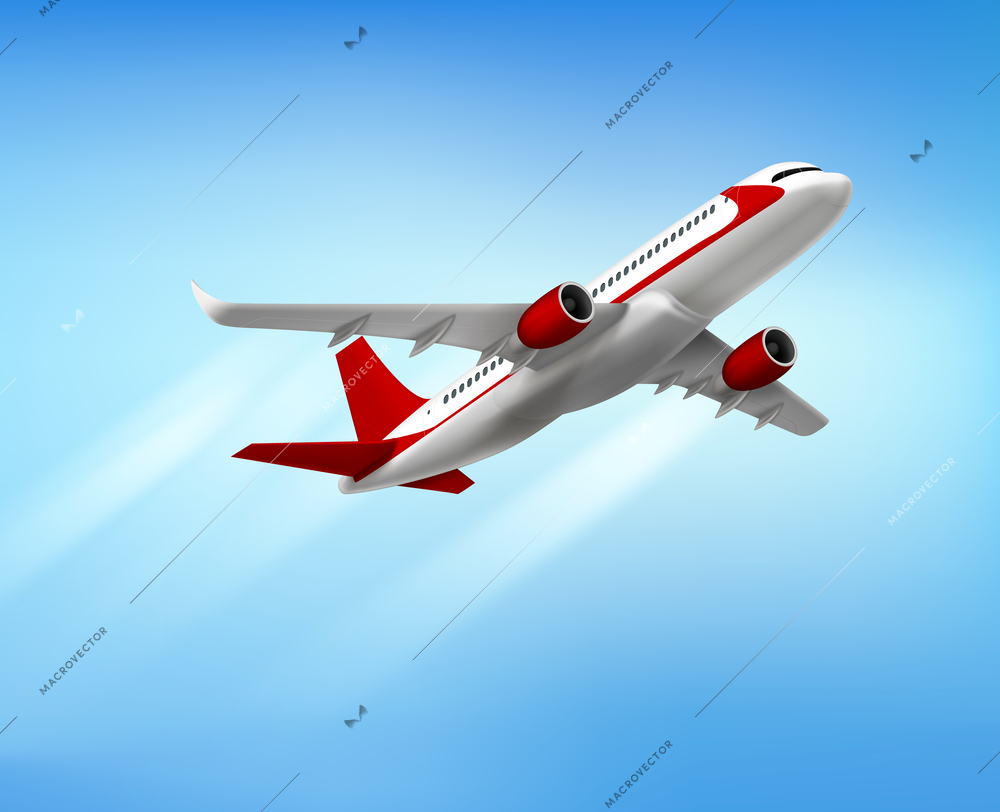 Flying airplane realistic composition with sky scenery and passenger airplane gaining height with air jet trails vector illustration