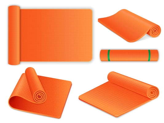 Realistic orange yoga rug mat icons set isolated vector illustration
