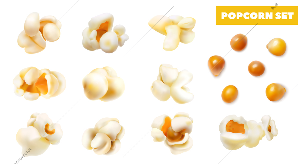 Realistic salted and sweet popcorn grains and fluffy pieces icons set isolated vector illustration