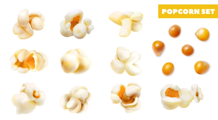 Realistic salted and sweet popcorn grains and fluffy pieces icons set isolated vector illustration