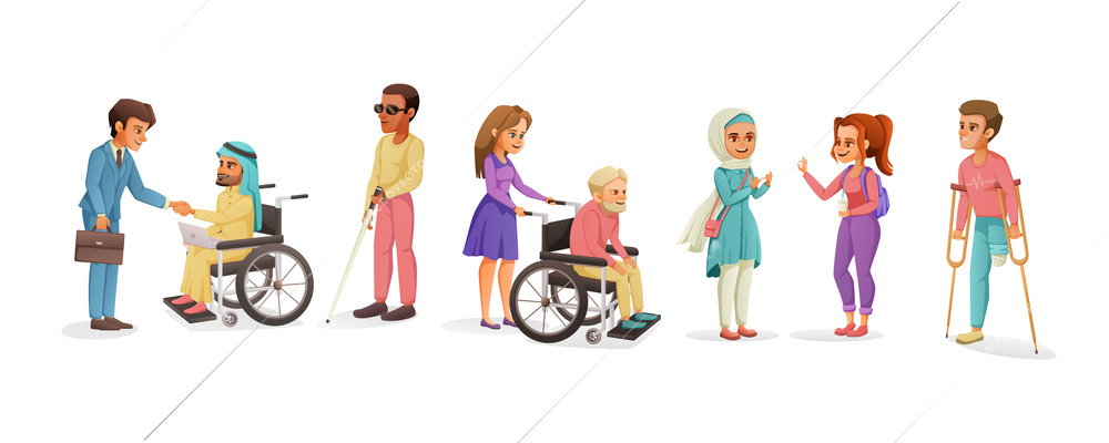 Disabled people cartoon set with men and women of different age with various types of disabilities isolated vector illustration