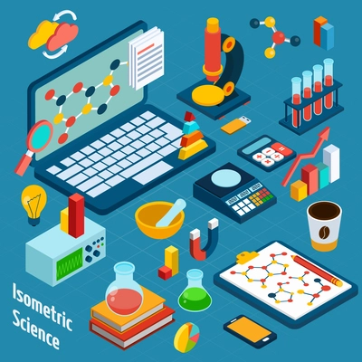 Isometric science workplace concept with computer and 3d chemistry and physics icons vector illustration
