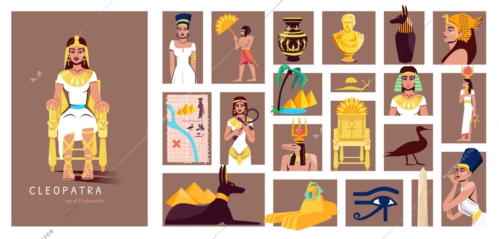Cleopatra flat composition consisting from separate rectangular illustrations of ancient egypt symbols vector illustration