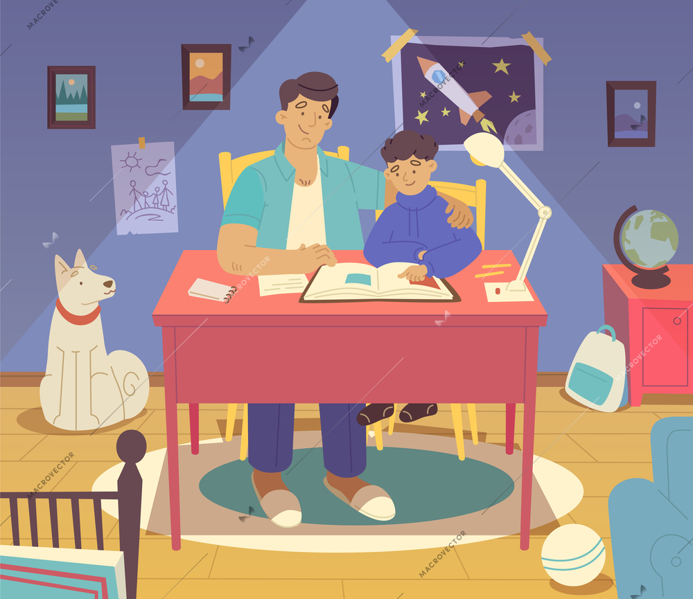 Happy family composition with dad helping his son with homework reading book together in room flat vector illustration