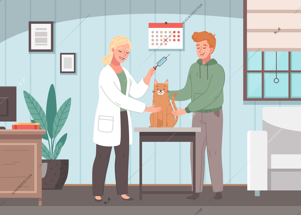 Pet medical care cartoon background with vet vaccinating cat in office of veterinary clinic flat vector illustration