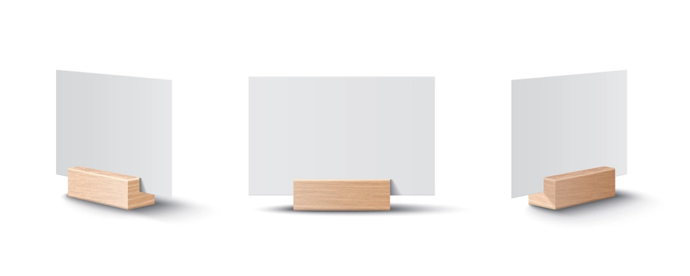 White empty place cards on wooden holder from three different angles   realistic mockup isolated vector illustration