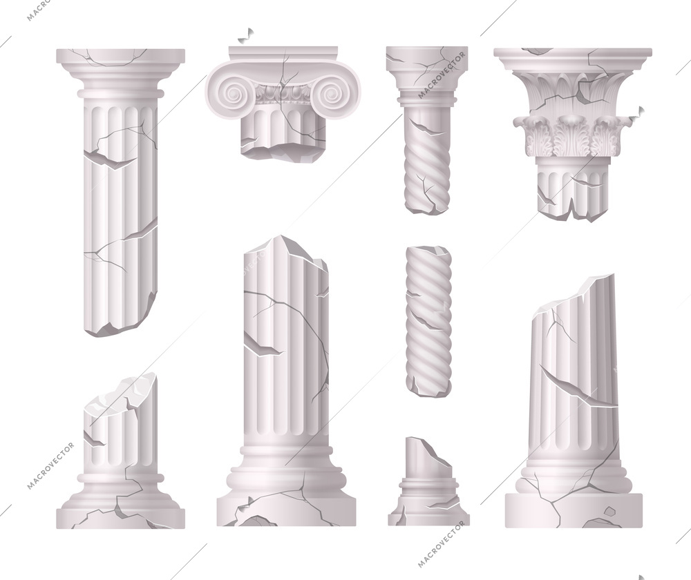 Broken marble pillars and columns with classical decor in baroque style realistic set isolated vector illustration