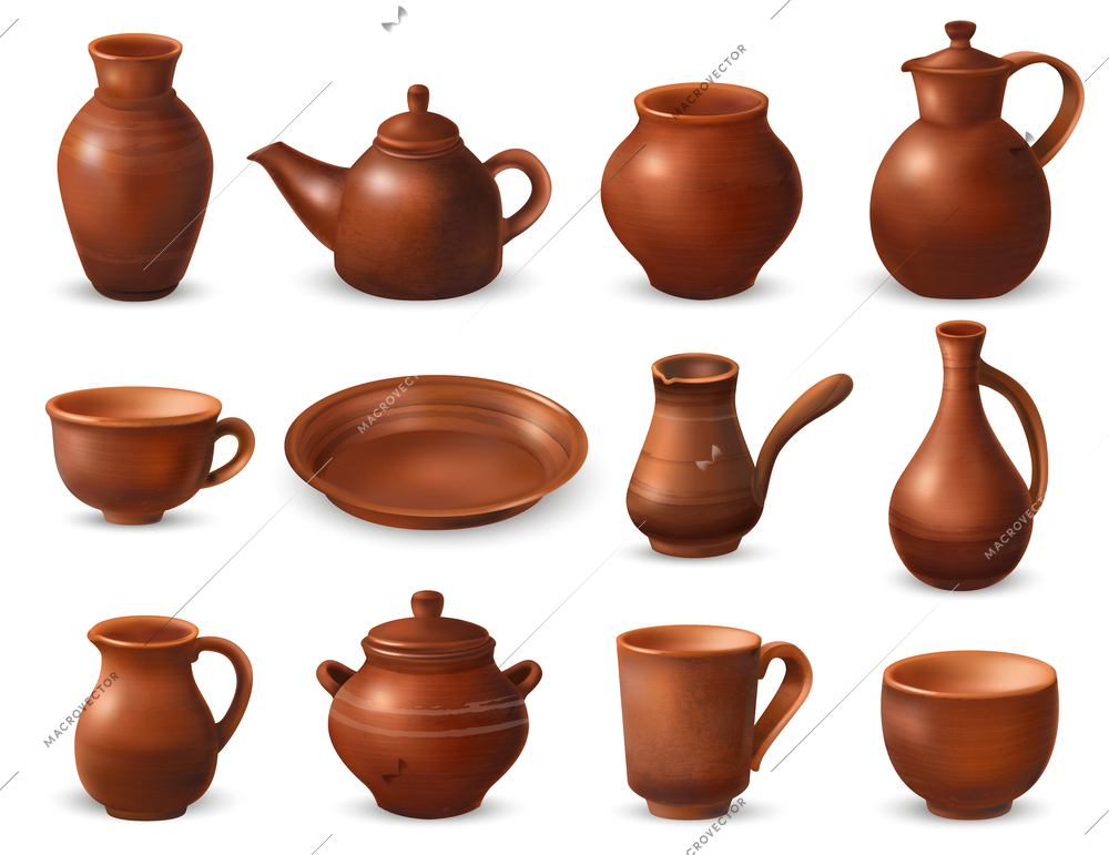 Realistic clay kitchenware set with isolated images of handmade ceramics pieces of dishware on blank background vector illustration