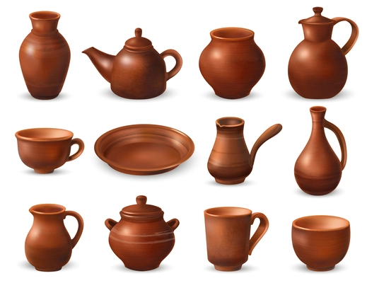 Realistic clay kitchenware set with isolated images of handmade ceramics pieces of dishware on blank background vector illustration