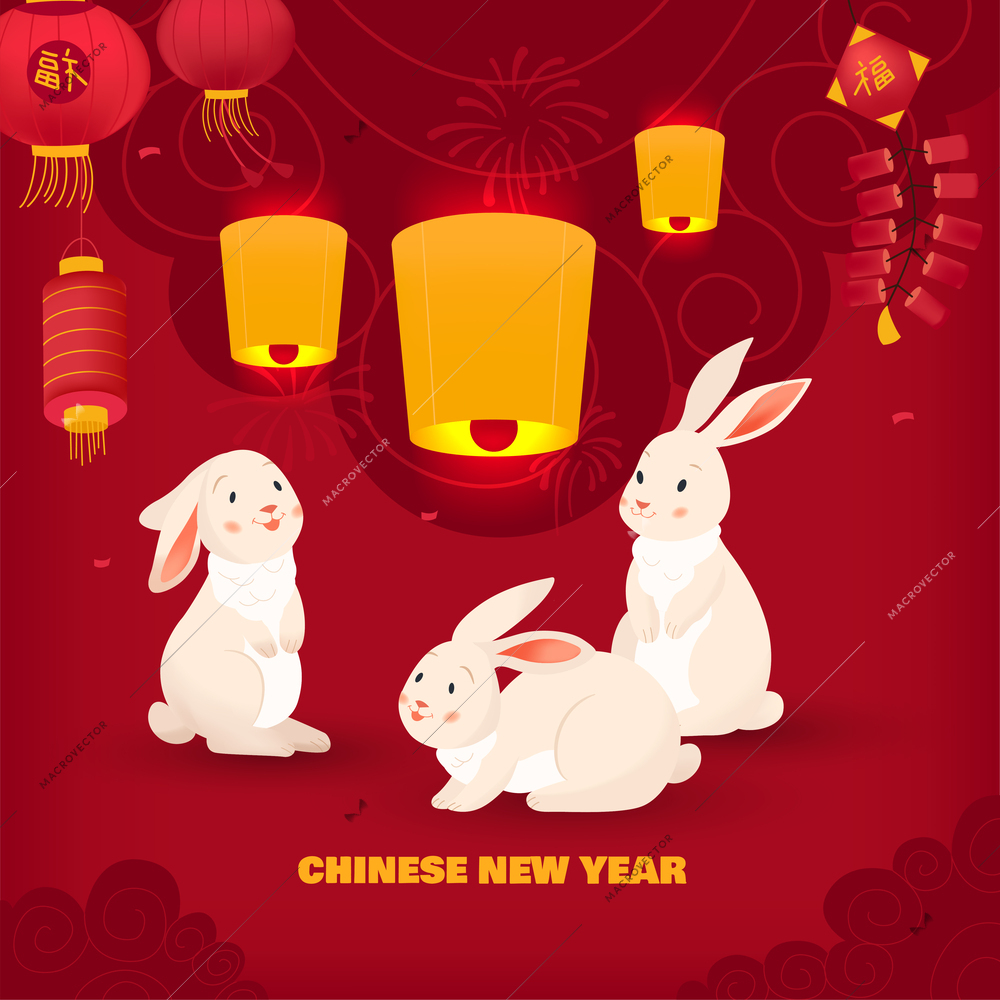 Rabbit new year christmas square background with composition of text cartoon rabbits candles and chinese lanterns vector illustration