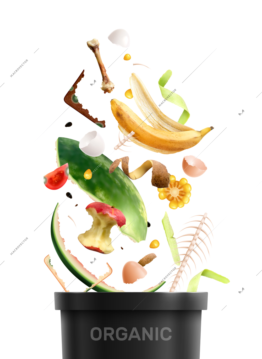 Food waste realistic composition with scraps of food leavings falling into plastic trash bin with text vector illustration