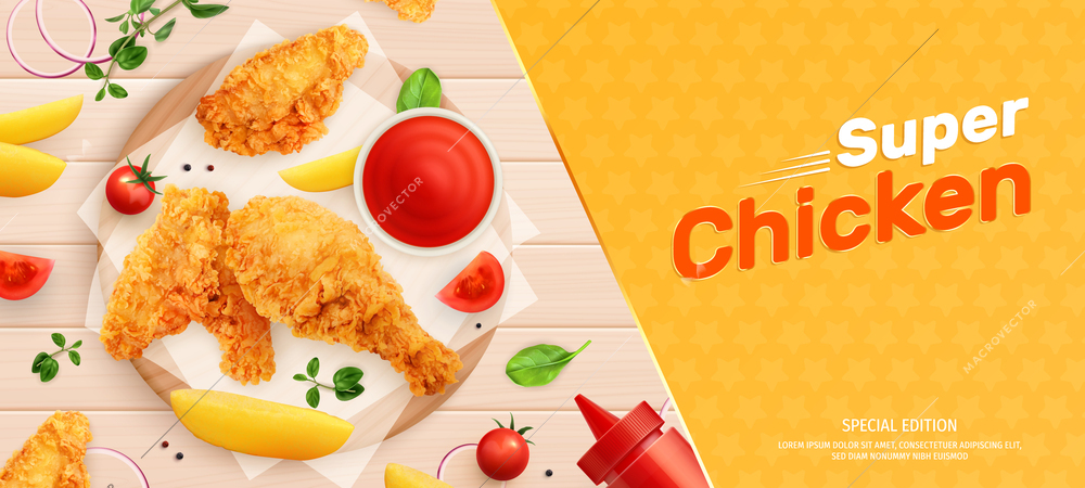Chicken fast food realistic background with editable text and set of ingredients sauces served on table vector illustration
