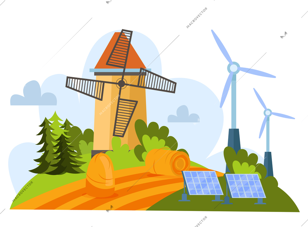 Renewable and nonrenewable resources flat poster with solar panels windmills oil barrels against forest background vector illustration